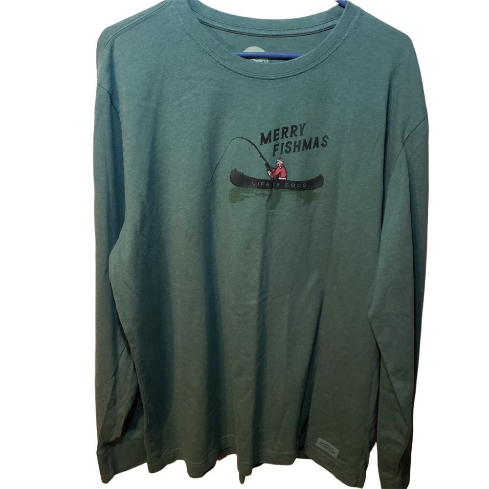 Life is Good Shirt Mens XL Merry Fishmas Long Sleeve Graphic Green